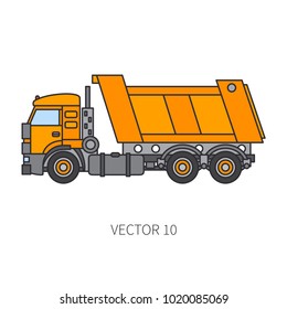 Color flat vector icon construction machinery truck tipper. Industrial retro style. Corporate cargo delivery. Commercial car transportation. Building business. Engineering. Diesel power. Illustration.