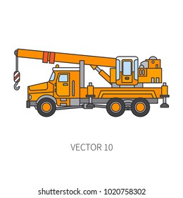 Color flat vector icon construction machinery truck auto crane. Industrial retro style. Corporate cargo delivery. Commercial car transportation. Building. Business engineering power lift. Illustration