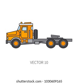Color flat vector icon construction machinery truck container. Industrial retro style. Corporate cargo delivery. Commercial car transportation. Building. Business engineering. Diesel power. Driving.