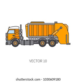 Color flat vector icon construction machinery garbage truck tipper. Industrial style. Corporate cargo delivery. Commercial transportation. Ecology. Dump recycling business. Diesel power. Illustration.