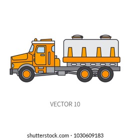 Color flat vector icon construction machinery truck tank. Industrial retro style. Corporate cargo delivery. Commercial car transportation. Building. Business. Engineering. Diesel power. Illustration