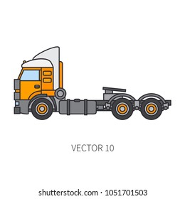 Color flat vector icon construction machinery truck container. Industrial retro style. Corporate cargo delivery. Commercial car transportation. Building. Business engineering. Diesel power. Driving.