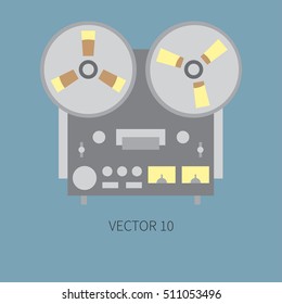 Color flat vector icon with retro electrical audio device reel tape recorder. Analog broadcast. Music. Cartoon style. Nostalgia musical equipment. Vector illustration , element for your design. Loud.