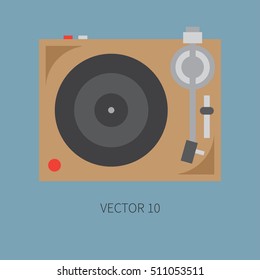 Color flat vector icon with retro electrical audio device vinyl record-player. Analog music. Cartoon style. Nostalgia musical equipment. Vector illustration , element for your design. Broadcast. Dj.