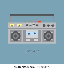 Color flat vector icon with retro electrical audio device boombox. Analog broadcast. Music. Cartoon style. Nostalgia musical equipment. Vector illustration , element for your design. Receiver. Stereo.