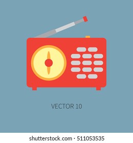 Color flat vector icon with retro electrical audio device radio. Analog broadcast. Music fan. Cartoon style. Nostalgia musical equipment. Vector illustration , element for your design. Communication.
