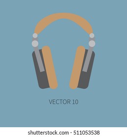 Color flat vector icon with retro electrical audio device - studio headphones. Analog broadcast. Music. Cartoon style. Nostalgia musical equipment. Vector illustration , element for your design. Loud.