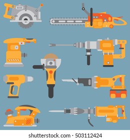 Color flat vector icon set with building electric tools. Construction and repair work. Powerful industrial instrument. Cartoon style. Vector illustration , element for your design. Engineering. Work.