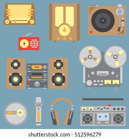 Color flat vector icon set with retro electrical audio devices. Analog broadcast. Music fan. Cartoon style. Nostalgia musical equipment. Vector illustration , element for your design. Communication.