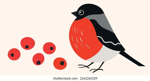 Color flat vector illustration with cartoon Eurasian bullfinch bird. Funny colorful birds, flowers, leaves and berries. Cute characters. Card, postcards for kids.