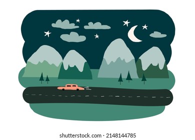 Color flat vector illustration of nature with mountains in Scandinavian style.