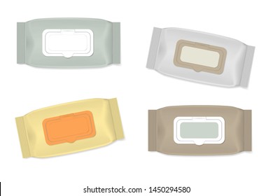 Color Flip-top Packs Of Wet Wipes, Realistic Vector Mockup. Flushable Moist Wipe Packages With Flap Dispenser, Template.