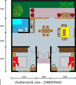 color floor plan house. 2 bedroom 