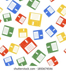 Color Floppy disk for computer data storage icon isolated seamless pattern on white background. Diskette sign. Vector.