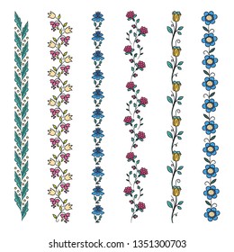 Color Floral borders. Vector elements with flowers and leaves. Decors for invitation and wedding cards. Rustic design. Ornamental illustration.