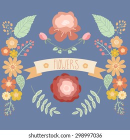 Color floral collection on blue background