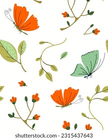 Color floral pattern. Flowers in terracotta and green shades. Daisies, buds, twigs