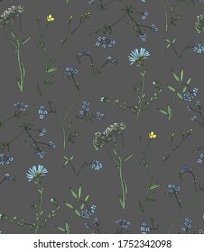 Color floral vector seamless pattern with wild flowers. White flowers and leaves on a dark gray background. For wrapping, fabric, wallpaper. 