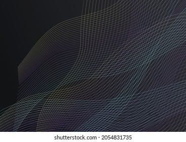 Color Flow Geometric Vector Black Background. Digital Line Energy Design. Wave Effect Brochure. Gradient Curve Technology Pattern.