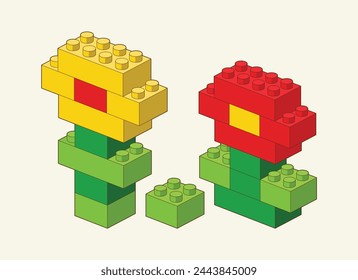 Color Flower from Plastic building blocks. Colored bricks isolated on white background. Vector 3d illustration.