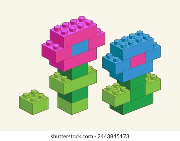 Color Flower from Plastic building blocks. Colored bricks isolated on white background. Vector 3d illustration.