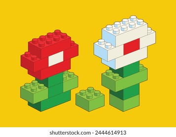 Color Flower from Plastic building blocks. Colored bricks isolated on white background. Vector 3d illustration.