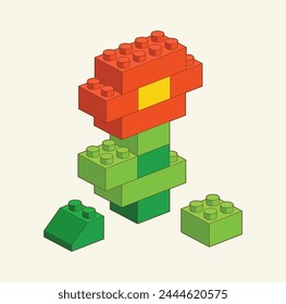 Color Flower from Plastic building blocks. Colored bricks isolated on white background. Vector 3d illustration.