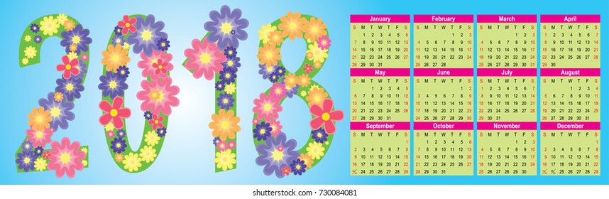 color flowers 2018 year calendar vector