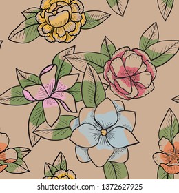 color flowers sepia botanical seamless vector pattern. Concept for wallpaper, web design, postcard, invitation .