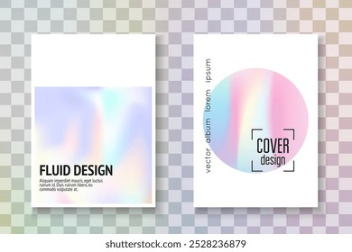 Fluido de color. Tapa degradada violeta. Vector de Memphis. Diseño de moda. Folleto retro aislado. Fondo del arco iris. Lámina perlescente. Fluido de color púrpura