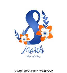 Color flyer for March 8 with the decor of paper cut flowers.Happy Women's Day. Trendy Design Template. Vector illustration