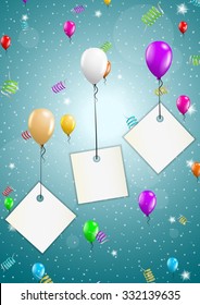 color flying balloons with empty paper ready for your text on festive blue background