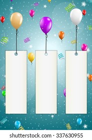 color flying balloons with empty paper ready for your text on festive blue background