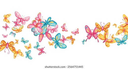 Color flying butterflies seamless pattern. Beautiful insects isolated on white background. Spring summer seasons butterfly vector border design