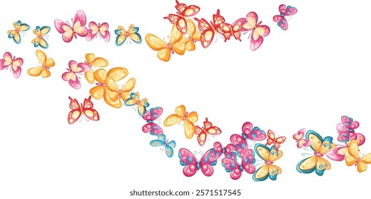 Color flying butterflies seamless pattern. Beautiful insects isolated on white background. Spring summer seasons butterfly vector border design