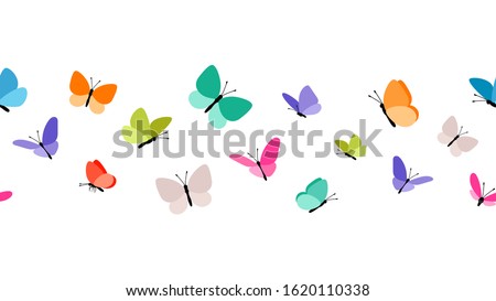 Color flying butterflies seamless pattern. Beautiful insects isolated on white background. Spring summer seasons butterfly vector border design