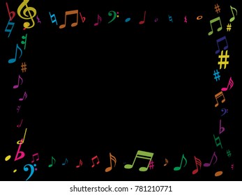 Color flying musical notes frame isolated on white backdrop. Fresh musical notation symphony signs, notes for sound and tune music. Vector symbols frame for melody recording, prints and back layers.