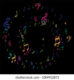 Color flying musical notes isolated on white background. Rainbow musical notation symphony signs, notes for sound and tune music. Vector symbols for melody recording, prints and back layers.