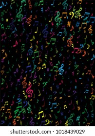Color flying musical notes isolated on white backdrop. Rainbow musical notation symphony signs, notes for sound and tune music. Vector symbols for melody recording, prints and back layers.