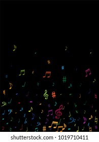 Color flying musical notes isolated on white backdrop. Stylish musical notation symphony signs, notes for sound and tune music. Vector symbols for melody recording, prints and back layers.