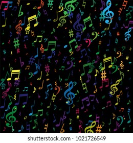 Color flying musical notes isolated on white background. Fresh musical notation symphony signs, notes for sound and tune music. Vector symbols for melody recording, prints and back layers.