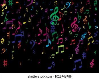 Color flying musical notes isolated on white background. Kids musical notation symphony signs, notes for sound and tune music. Vector symbols for melody recording, prints and back layers.