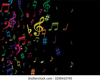 Color flying musical notes isolated on white background. Rainbow musical notation symphony signs, notes for sound and tune music. Vector symbols for melody recording, prints and back layers.