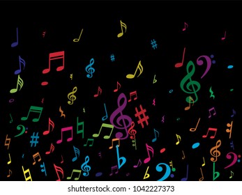 Color flying musical notes isolated on white background. Rainbow musical notation symphony signs, notes for sound and tune music. Vector symbols for melody recording, prints and back layers.