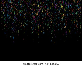 Color flying musical notes isolated on white backdrop. Cute musical notation symphony signs, notes for sound and tune music. Vector symbols for melody recording, prints and back layers.