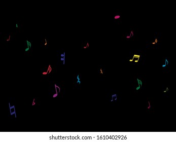 Color flying musical notes isolated on white backdrop. Fun musical notation symphony signs, notes for sound and tune music. Vector symbols for melody recording, prints and back layers.