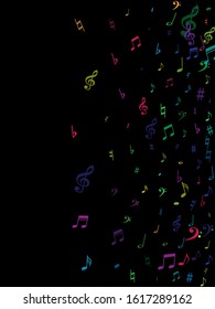 Color flying musical notes isolated on white backdrop. Fresh musical notation symphony signs, notes for sound and tune music. Vector symbols for melody recording, prints and back layers.
