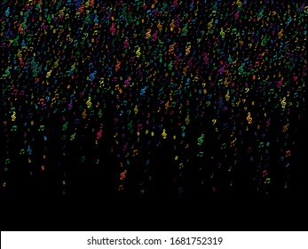 Color flying musical notes isolated on white backdrop. Stylish musical notation symphony signs, notes for sound and tune music. Vector symbols for melody recording, prints and back layers.