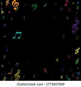 Color flying musical notes isolated on white backdrop. Kids musical notation symphony signs, notes for sound and tune music. Vector symbols for melody recording, prints and back layers.