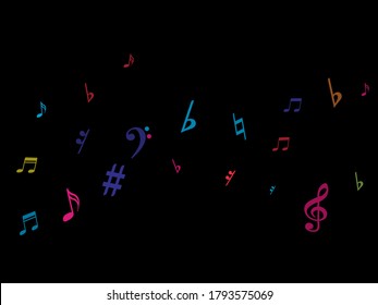 Color flying musical notes isolated on white background. Fresh musical notation symphony signs, notes for sound and tune music. Vector symbols for melody recording, prints and back layers.